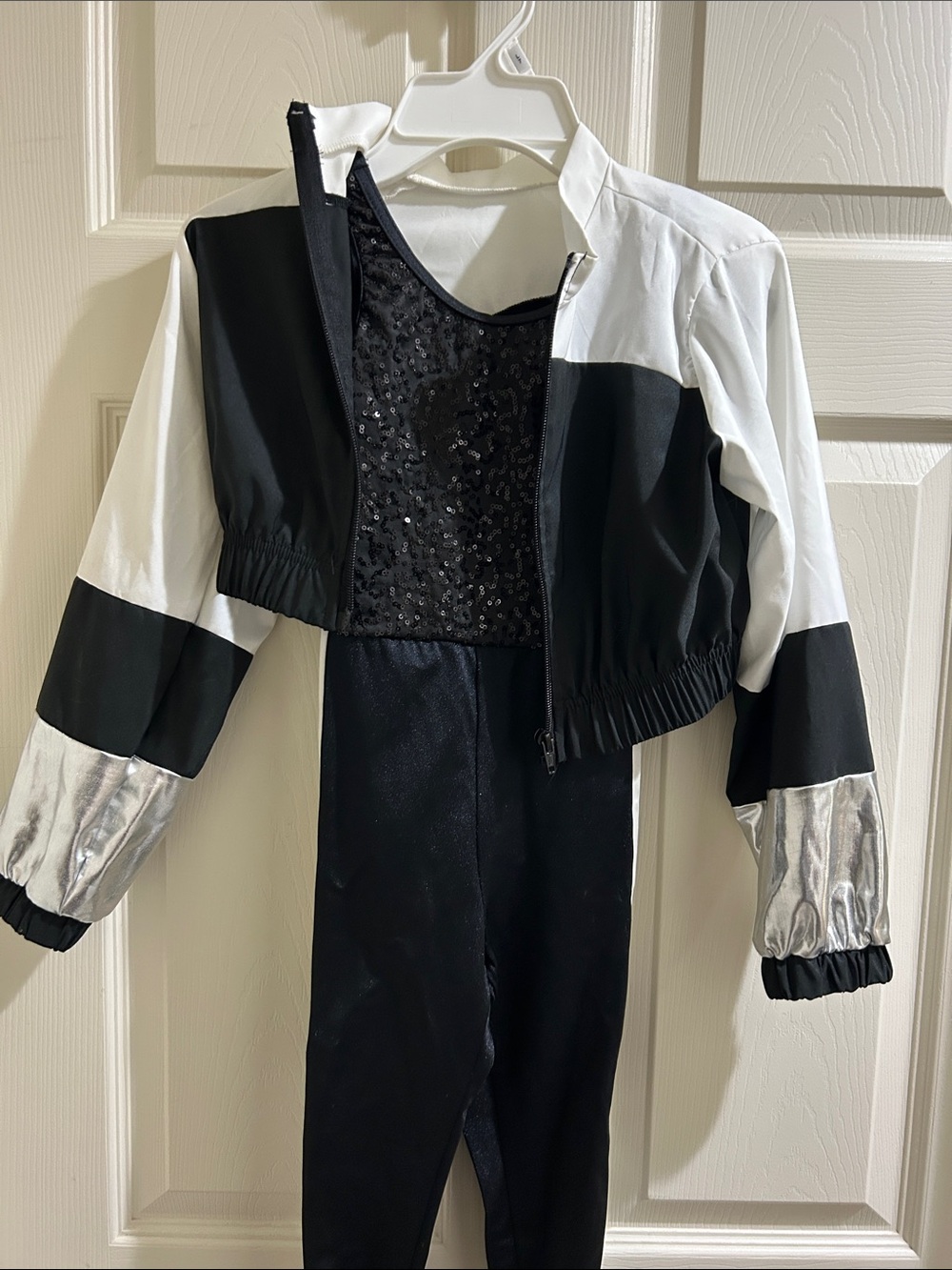 Weissman Black & White Metallic Sleeve Cropped Jacket with Black Sequin Bodysuit